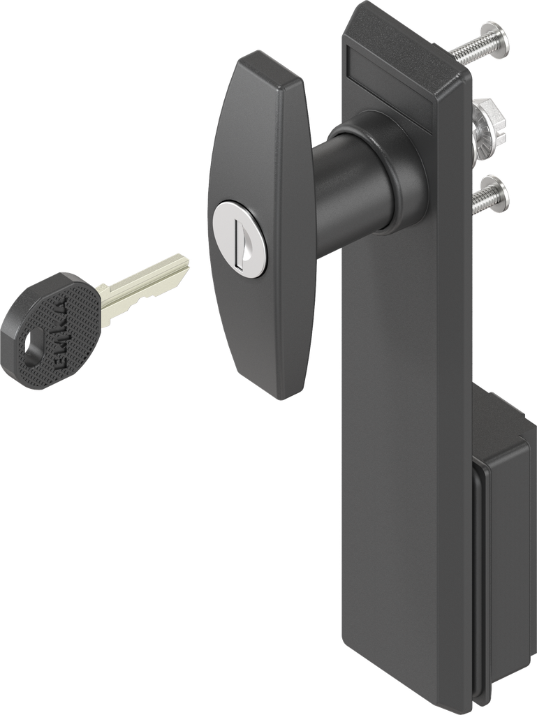 Escutcheon with T-handle, keyed EK 333, Polyamide black and zinc die black powder-coated